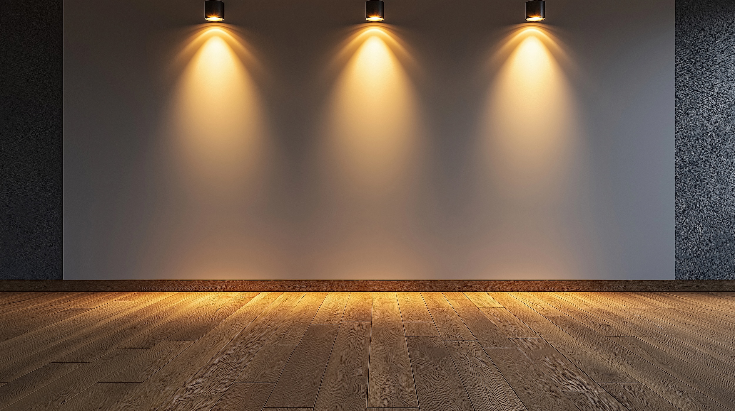 Wand mit drei Wandleuchten und einem Holzfußboden in einem Innenraum.