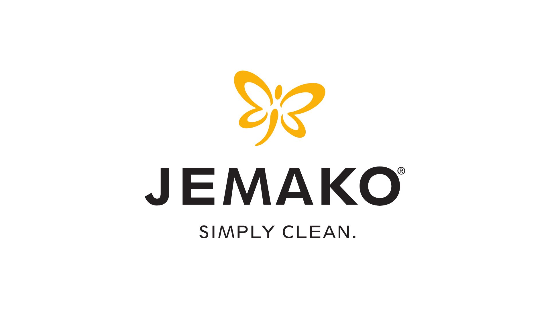 Logo von Jemako mit einem gelben Schmetterling und dem Slogan 'Simply Clean'.